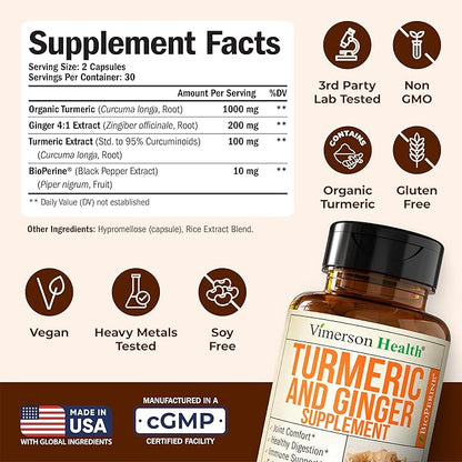 Turmeric Curcumin Supplement with Ginger Root for Joint Support, Digestive & Gut Health - Contains Organic Turmeric Curcumin with Black Pepper (Bioperine) for Enhanced Absorption - 60 Capsules