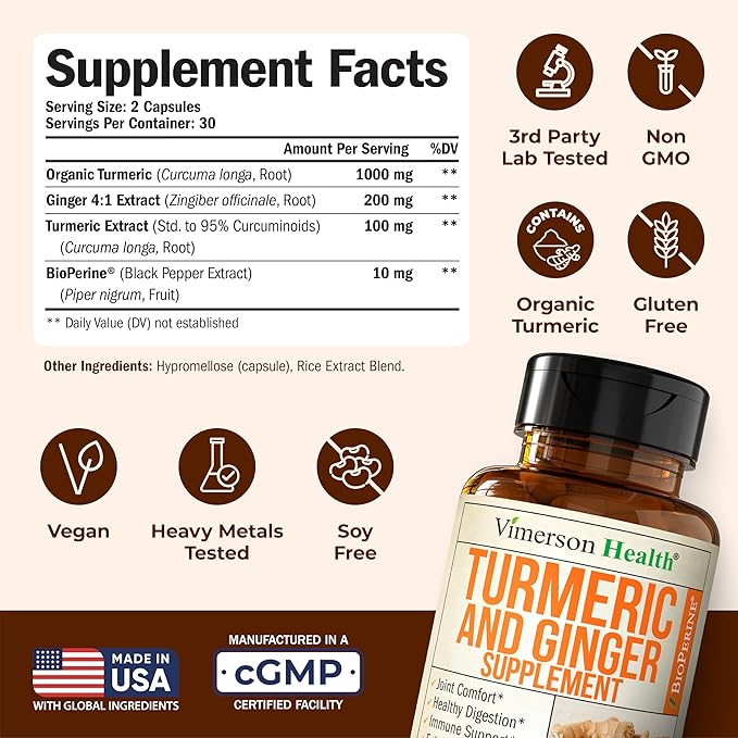 Turmeric Curcumin Supplement with Ginger Root for Joint Support, Digestive & Gut Health - Contains Organic Turmeric Curcumin with Black Pepper (Bioperine) for Enhanced Absorption - 60 Capsules, 2 Pack