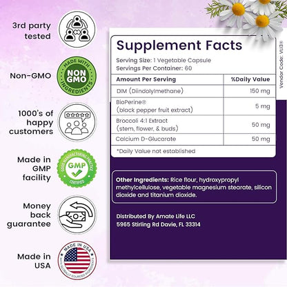 Women’s DIM Complex 150mg - Bioperine Estrogen Balancing Pills for Menopause & Hot Flashes Relief Support Hormonal Acne Powerful Supplement - Pack of 2 (60 Count per Bottle), Made in USA