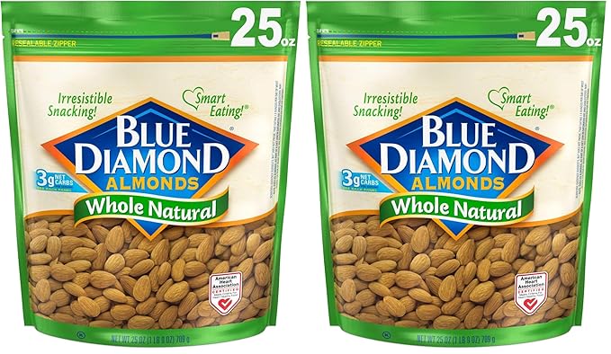 Blue Diamond Almonds Whole Natural Raw Snack Nuts, 25 Oz Resealable Bag (Pack of 2)