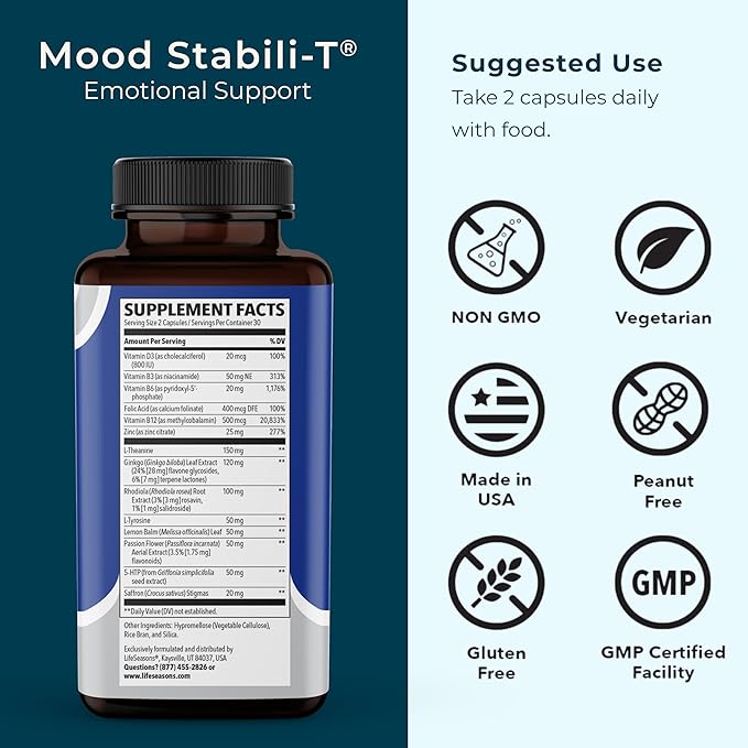 LifeSeasons - Mood Stabili-T - Positive Mood Booster - Enhanced Calmness and Happiness - Relaxed and Balanced Mind - Contains Rhodiola, Ginkgo Biloba, and Vitamin D3 - (60 Capsules)