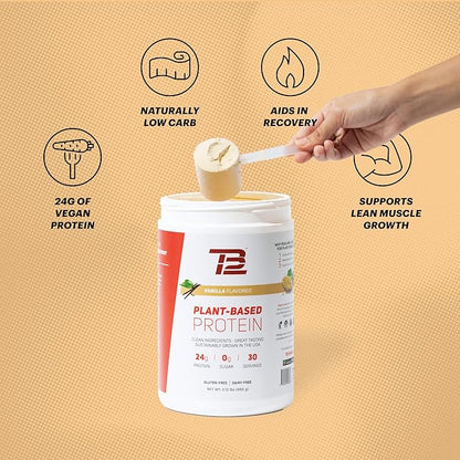 TB12 Plant Based Protein Powder by Tom Brady, 24g of Vegan Pea Protein, Low Sugar, Low Carb, Non-GMO, Keto Friendly, Paleo, Sugar Free, Vanilla Flavor (30 Servings/2.12lbs)