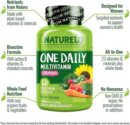 NATURELO One Daily Multivitamin for Women w/Vitamin B12, 60 Ct, Energy Support, Whole Food Daily Women Multivitamin Supplement, Nourish Hair/Skin/Nail, Non-GMO, No Soy, Gluten Free, 2 Month Supply