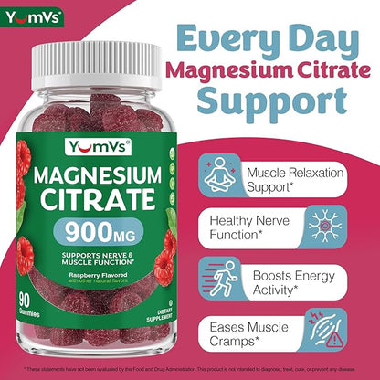 YUM-V'S Magnesium Citrate Gummies – 900mg Highly Absorbable Magnesium Gummies for Women & Men to Support Nerve, Muscle & Enzyme Function – Gluten-Free, Kosher & Raspberry Flavor 90 Count (Pack of 2)