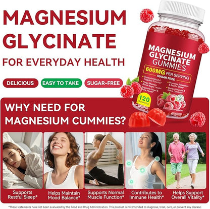 Magnesium Glycinate Gummies 600MG, High Absorption Magnesium Supplement for Women, Men and Kids - Muscle Support | Sleep, Focus & Relaxation | Sugar Free | Vegan | 120 Chews