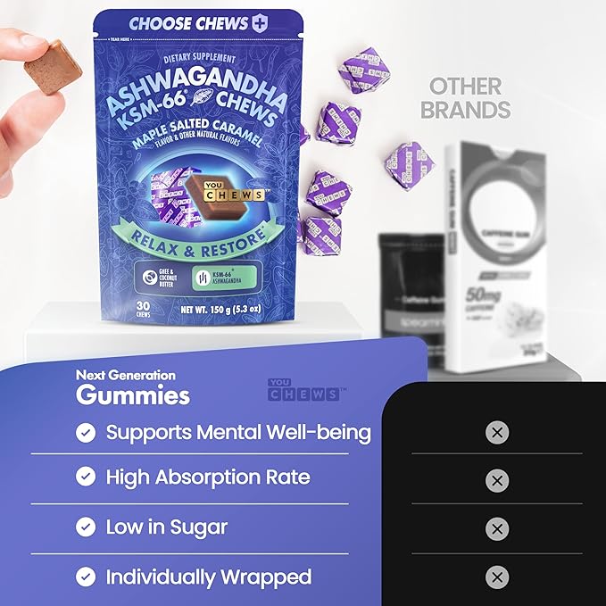 YouChews Ashwagandha KSM-66 Chews for Stress Relief & Mood Support, Organic Ashwagandha Gummies KSM 66 Alternative, Mood Support, Maple Salted Caramel Flavor, 30 Count