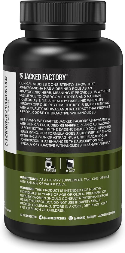 Jacked Factory Ashwagandha Root Extract (KSM-66 Ashwagandha) w/ 5% Withanolides - Supplement for Natural Stress Relief, Cognitive Function, Vitality, and Mood Support - 60 Veggie Capsules