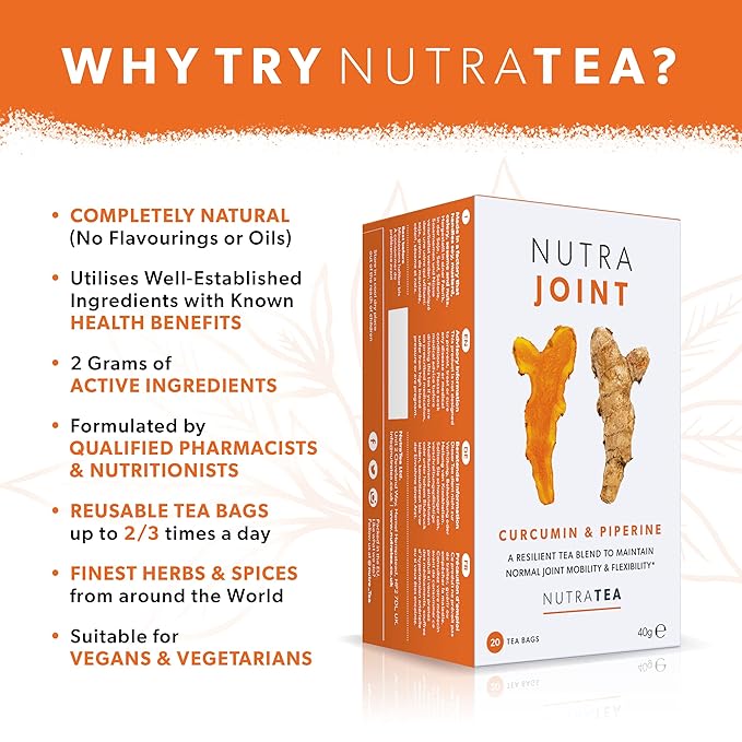 Nutra Tea NutraJoint – Joint Care Tea – Joint Mobility and Flexibility – Curcumin, Green Tea and Piperine – 20 Enveloped Tea Bags – Herbal Infusion – 1 Pack
