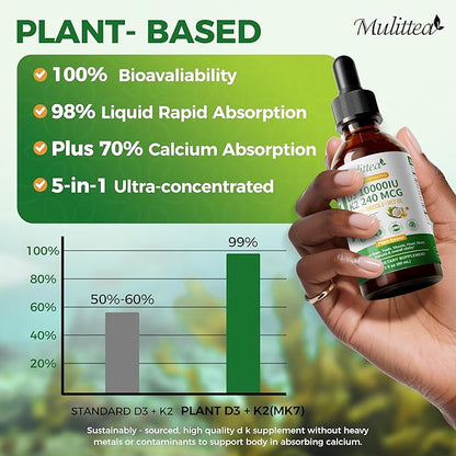Mulittea Vitamin D3 K2 Liquid 10000 IU w/Vegan Omega-3 & Coconut MCT Oil - Maximum Strength Vitamin D Supplement, No Fillers, Non-GMO K2 as MK7 for Bones, Muscles & High Absorption-2 Fl Oz 1pack
