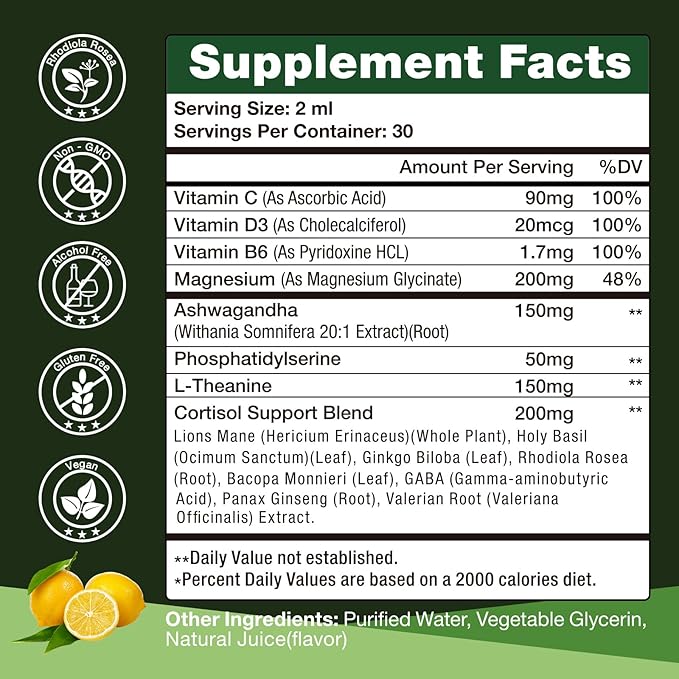 Cortisol Supplements for Women & Men, 15-in-1 Cortisol Detox & Reducer - Adrenal Balance, Relaxation, Sleep & Focus, with Magnesium, Ashwagandha, L-Theanine, Vitamin C, D3 & B6, 2 Fl Oz