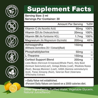 Cortisol Supplements for Women & Men, 15-in-1 Cortisol Detox & Reducer - Adrenal Balance, Relaxation, Sleep & Focus, with Magnesium, Ashwagandha, L-Theanine, Vitamin C, D3 & B6, 2 Fl Oz