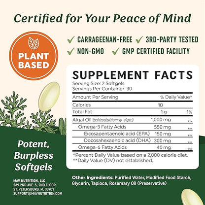 Vegan Omega 3 Algae Oil | Plant Based DHA EPA | Sustainably Sourced, No Carrageenan, Non GMO | Heart, Brain, and Eye Health | Fish Oil Alternative | Algae Omega 3 Supplement | 60 Softgel Capsules