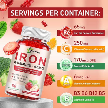 ZHPHK Iron Supplement Gummies, 65mg Iron for Women Men Kids, Natural Vegan Iron Gummy with Folate Gentle on Stomach, Gluten Free, Energy Support & Immune Health, 60 Gummies