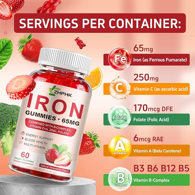 ZHPHK Iron Supplement Gummies for Women, Men & Kids, 65mg Iron & 250mg Vitamin C per Serving - Healthy Blood, Energy & Immune Support Iron Vitamin Gummy with Folate, 2 Pack