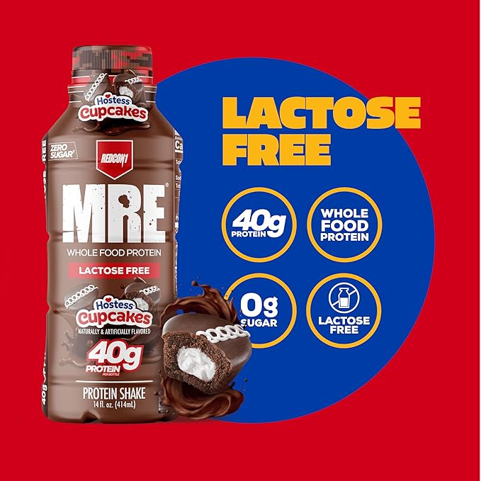 REDCON1 MRE Ready to Drink Protein Shakes Hostess™, Cupcakes - Lactose Free RTD Protein Made with Real Whole Food Protein Blends - Easy to Digest Nutritional Shake (12 Pack)