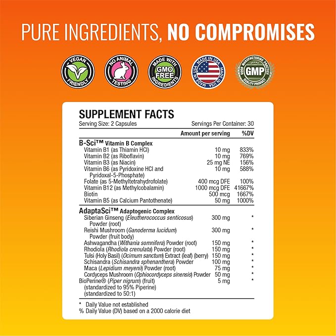 Approved Science Energysyl - Caffeine Free - with Adaptogens, B Vitamins, and Bioperine - 3 Month Supply - 180 Capsules