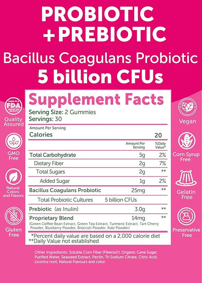 Lunakai USA Made Prebiotic + Probiotic Gummies for Women and Men - High Potency 5 Billion CFUs with Fibers - Non-GMO Gut Health Support - 3 Pack