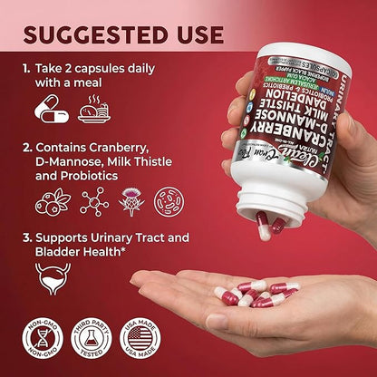 Cran Flow Cranberry Pills for Urinary Health D-Mannose Milk Thistle Dandelion Inulin Vitamin C Prebiotics and Probiotics Bladder Support By Clean Nutra