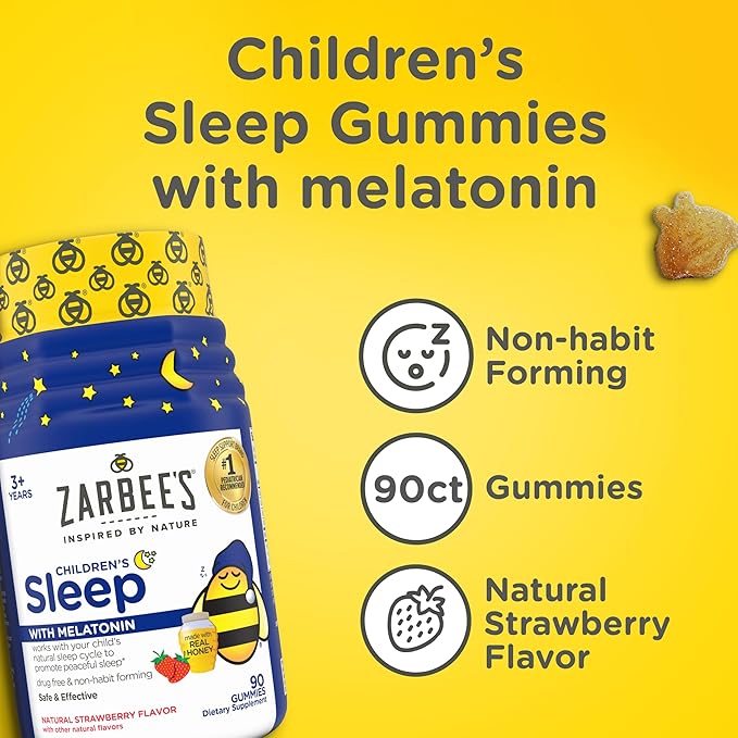 Zarbee's Kids Melatonin Gummies with 1mg Melatonin, Kids Sleep Gummy, Promotes Peaceful Sleep, Drug-Free, Non-Habit-Forming, Natural Strawberry, 90 ct