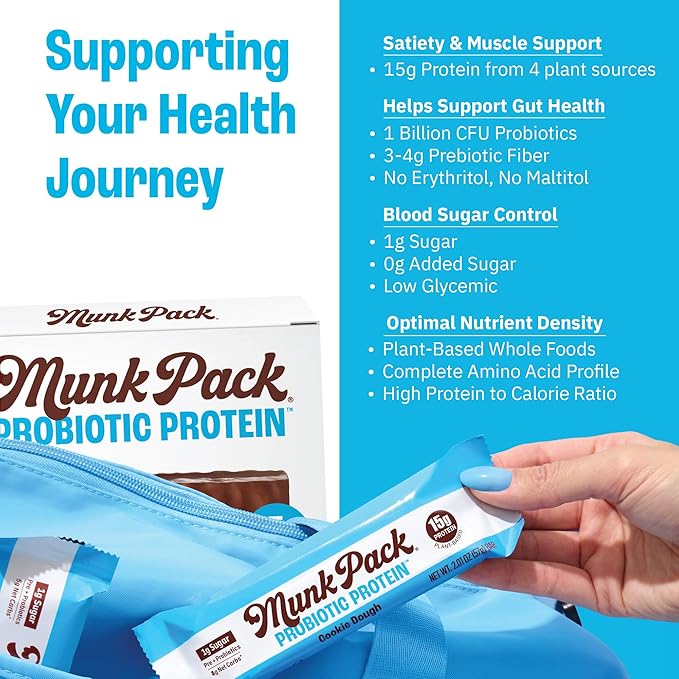 Munk Pack Cookie Dough Probiotic Keto Protein Bars | 15g Protein, 1g Sugar, 4g Net Carbs | Plant-Based, Low Sugar, Gut Health Snacks, Gluten-Free, Non-GMO | 12 Count