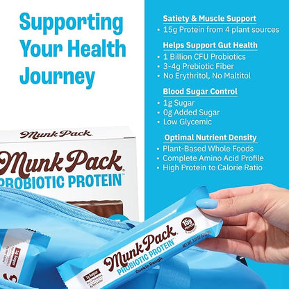 Munk Pack Cookie Dough Probiotic Keto Protein Bars | 15g Protein, 1g Sugar, 4g Net Carbs | Plant-Based, Low Sugar, Gut Health Snacks, Gluten-Free, Non-GMO | 12 Count