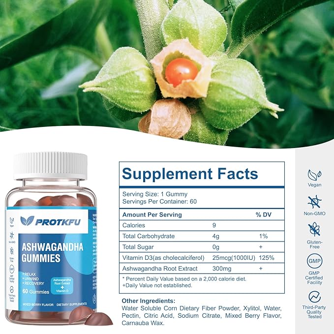 ProTKFU 2 Pack Ashwagandha Gummies & Vitamin D3 Gummies Organic Aswangdha Supplement for Improve Sleep, Stress Relief & Mood Calm (Non-GMO, Gluten-Free & Sugar Free)