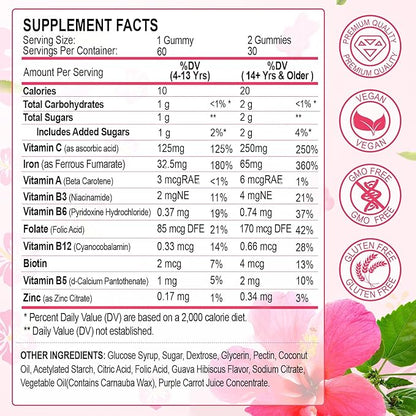 Iron Gummies Vitamin Supplement 65mg & Vitamin C 250mg per Serving with B6 B12 Folate- Energy Support for Iron Deficiency, Anemia, Vegan Guava Hibiscus Flavor, 60 Count