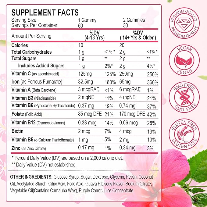 ZHPHK Iron Gummies for Women Men Vitamin Supplement 65mg & Vitamin C 250mg Per Serving with B6 B12 Folate- Energy Support for Iron Deficiency, Anemia, Vegan Guava Hibiscus Flavor, 120 Count
