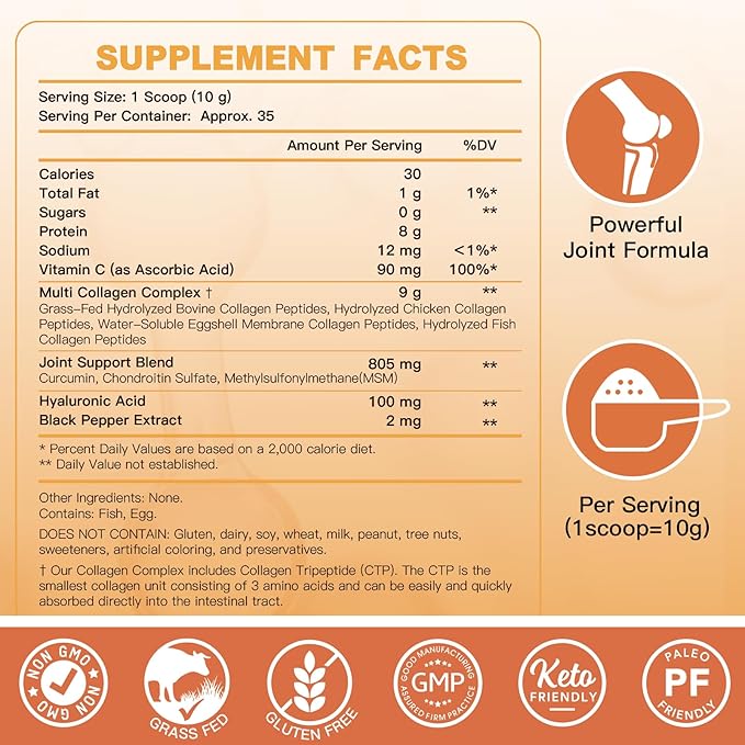 ZEBORA Multi-Collagen-Peptides-Powder with MSM & CS for Joint, Type I II III V X Hydrolyzed Collagen Peptides with Hyaluronic Acid & Vitamin C for Women and Men Hair, Skin, Nails, Non-GMO, 35 Servings