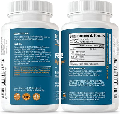 Dr. Tobias Prebiotics Digestive Support, Advanced Prebiotic Supplement for Gut Health, Immune Function & Boost for Probiotics for Women & Men, Vegan, Non-GMO, 60 Capsules, 60 Servings