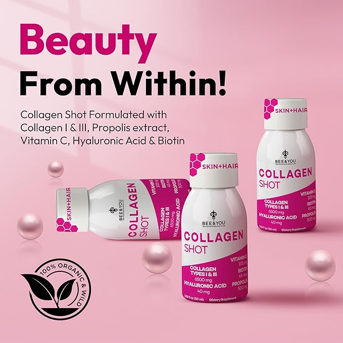 Bee and You Collagen Liquid Shot Drink with Vitamin C, Propolis Extract, Hyaluronic Acid, Biotin, Promotes Skin, Hair, Nail and Joint Health, 1.69 fl. Oz x 12 Pack