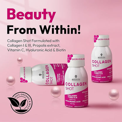 Bee and You Collagen Liquid Shot Drink with Vitamin C, Propolis Extract, Hyaluronic Acid, Biotin, Promotes Skin, Hair, Nail and Joint Health, 1.69 fl. Oz x 12 Pack