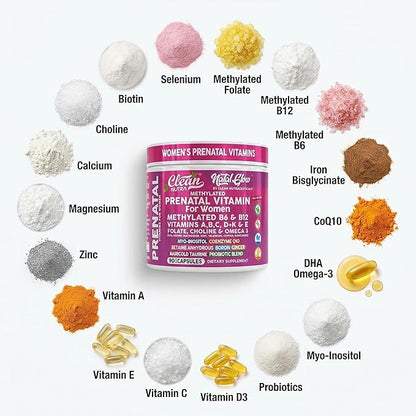 Natal Glow Methylated Prenatal Vitamins for Women Folate Omega 3 Vitamins A B12 C D3 E K2 Iron Riboflavin Biotin Choline Calcium Iodine Magnesium Zinc Selenium Copper Manganese by Clean Nutra