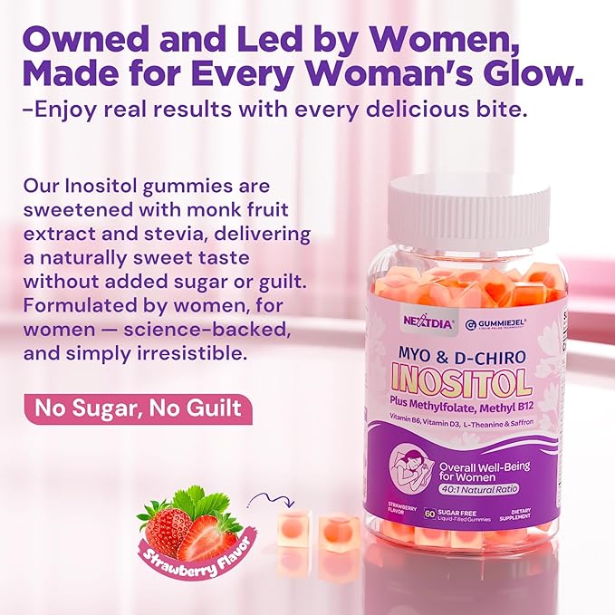 Myo-Inositol & D-Chiro Inositol Gummies + MTHF Folate, Methyl B12, Vitamin B6 & D3, Inositol Supplement for Women for Ovarian, Hormone Balance, PMS, Sleep, Mood & Energy, 40:1 Ratio, Sugar Free, 60Cts