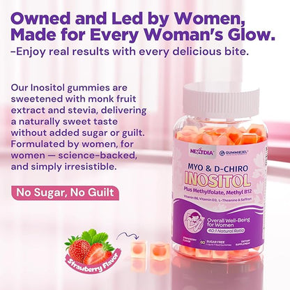 Myo-Inositol & D-Chiro Inositol Gummies + MTHF Folate, Methyl B12, Vitamin B6 & D3, Inositol Supplement for Women for Ovarian, Hormone Balance, PMS, Sleep, Mood & Energy, 40:1 Ratio, Sugar Free, 60Cts