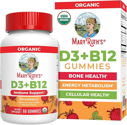 MARYRUTH'S Organic Vitamin D3 + B12 Gummies for Ages 4+ | Bone Health | Immune Support | Energy Metabolism | Cognitive Function | Vegan | Non-GMO | Gluten Free | 60 Servings | 2 Month Supply