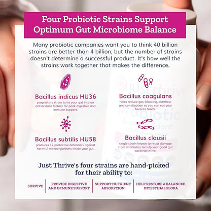 Just Thrive Probiotic & Antioxidant Supplement - 100% Spore-Based Digestive and Immune Support - Gluten Free, 30 Caps