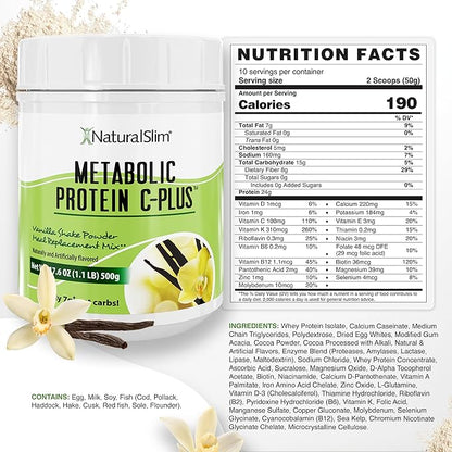 Metabolic Protein C-Plus, Whey Protein Powder & Shake Meal Replacement with Vitamin C, L-Glutamine & Digestive Enzymes, Low Carb Protein Drink, Support Metabolism, Energy & Gut health 1.1 lb, Vanilla