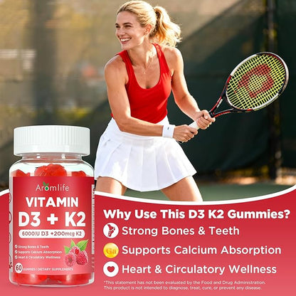 Aromlife Vitamin D3 K2 Gummies for Bone Teeth, 6000IU D3 + 200mcg K2 Per Serving High Absorption Vitamin Gummies with Calcium & Magnesium for Women Men, 60 Count Raspberry Flavor Vegan Gluten-Free