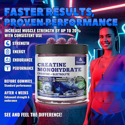Creatine Monohydrate Gummies (5g) – Pre-Workout Energy & Muscle Growth Support for Men & Women | Blueberry Electrolyte Gummies (135 Count)
