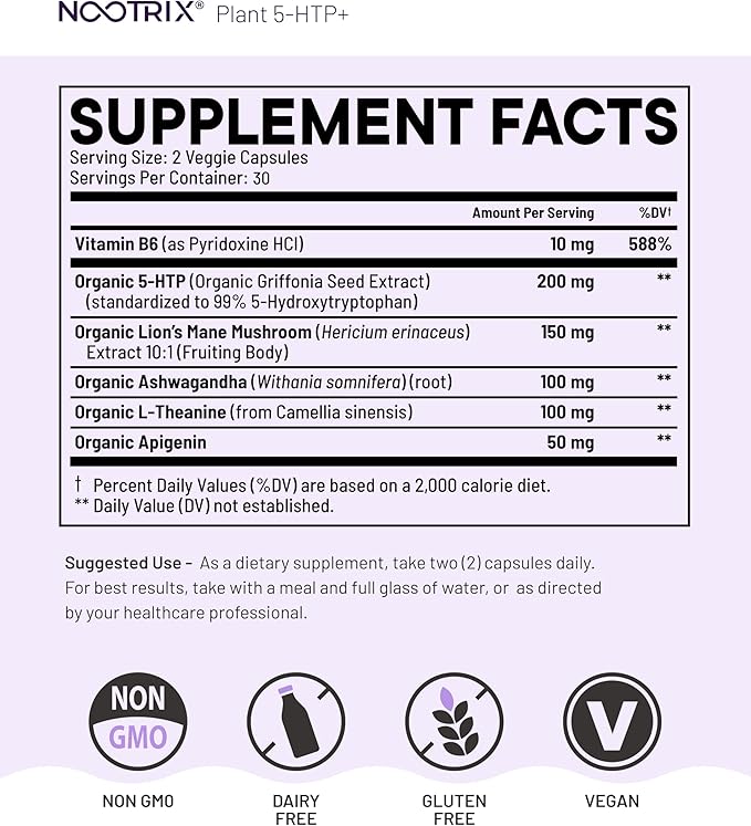 Nootrix Organic Plant 5 HTP+ Supplement | Supports Memory, Mental Focus, Cognitive Health & Energy | Promotes Healthy Mood & Brain Function | Vitamin B6 & L Theanine |60 Capsules