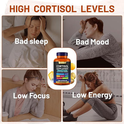 Cortisol Supplement with Aspalathus Linariifolius, Magnesium, L-Theanine - for Men and Women - Stress Relief, Sleep Support, Detoxification, Reduction & Control - 120 Capsules
