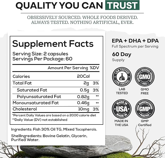 Wild Foods Omega 3 Fish Oil Supplement, 120 Capsules (2 pk) | Wild Caught, Burpless, Odorless, Non-GMO, Gluten Free | DPA, DHA, EPA Triple Strength Joint Nutrition for Women & Men