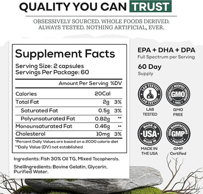 Wild Foods Omega 3 Fish Oil Supplement, 120 Capsules (2 pk) | Wild Caught, Burpless, Odorless, Non-GMO, Gluten Free | DPA, DHA, EPA Triple Strength Joint Nutrition for Women & Men