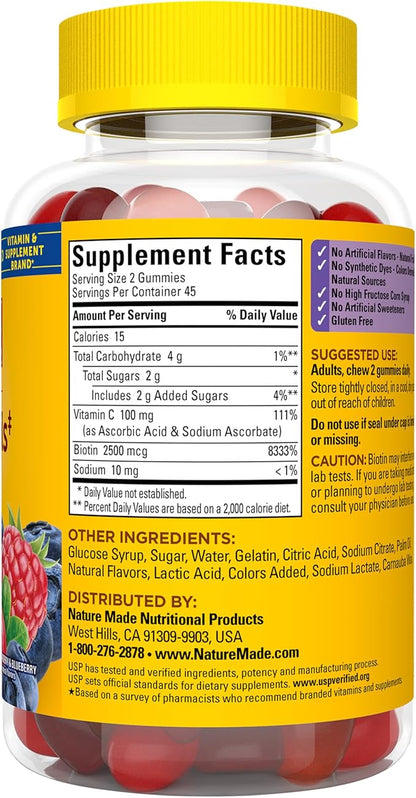 Nature Made Hair Skin and Nails with Biotin 2500 mcg, Dietary Supplement for Healthy Hair, Skin & Nails Support, 90 Gummies, 45 Day Supply