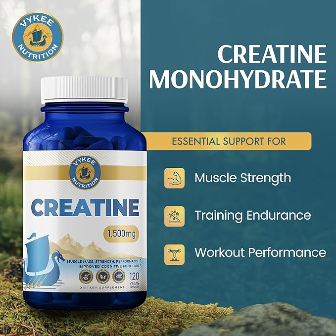 Vykee Nutrition Creatine Monohydrate Capsules 1,500 mg - Daily Creatine Supplement for Muscle Strength Training, Endurance, and Workout Performance Support - Vegan, Non-GMO - 120 Capsules