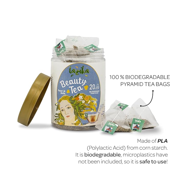 Lazika Beauty Tea for Women, Natural Wellness Herbal Tea, 20 Biodegradable Teabags, Green Tea, Lemon Grass, Orange Peels, Vitamin C