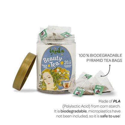 Lazika Beauty Tea for Women, Natural Wellness Herbal Tea, 20 Biodegradable Teabags, Green Tea, Lemon Grass, Orange Peels, Vitamin C