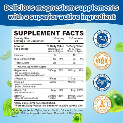 2PCS Center-Filled Magnesium Gummies for Kids 300MG - Magnesium Glycinate Gummies with L-theanine, Omega-3, Vitamin B6, D for Kids & Adults, Supplement for Sleep, Calm & Muscle Relaxation