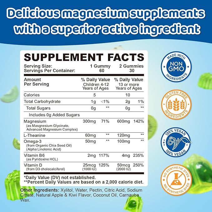 Center-Filled Magnesium Gummies for Kids 300MG - Magnesium Glycinate Gummies with L-theanine, Omega-3, Vitamin B6, D for Kids & Adults, Supplement for Sleep, Calm & Muscle Relaxation - Apple & Kiwi
